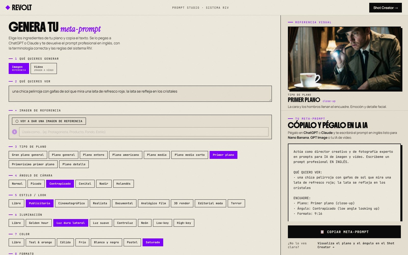 Prompt Studio: la idea escrita, plano, ángulo, estilo, luz y color elegidos y el meta-prompt listo para copiar